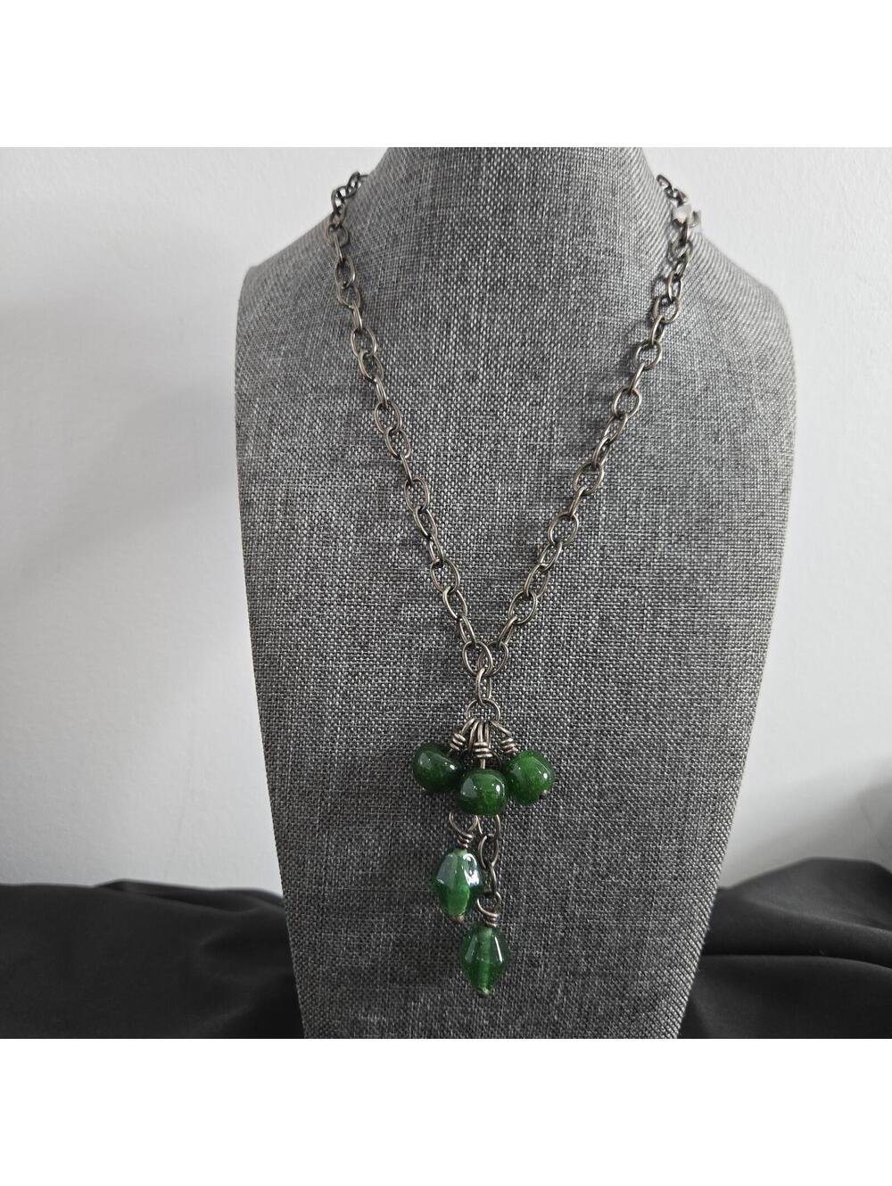 Vintage Sterling Silver Chain Green Poured Glass Bead Cluster Drop Necklace